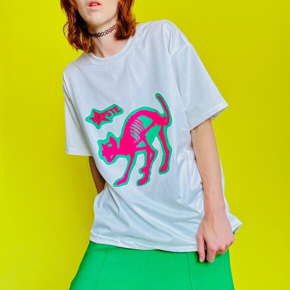 Modern White Unisex Jersey with Punk Neon Cat Graphic - Picture 6 of 6